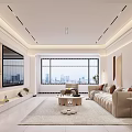Minimalist Living and Dining Room Interior With Beige Sofa Glass Wine Cabinet And Dining Set