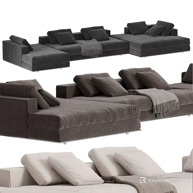 Modern Upholstered Sectional Sofa With Plush Cushions And Throw Blanket 3d model