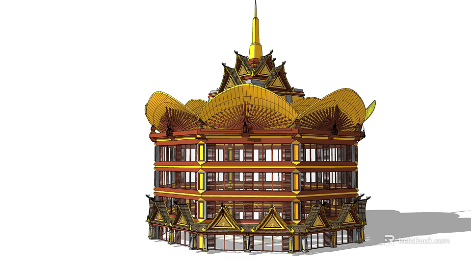 Traditional Style Commercial Complex Featuring Ornate Golden Roof And Multi story Structure 3d model 