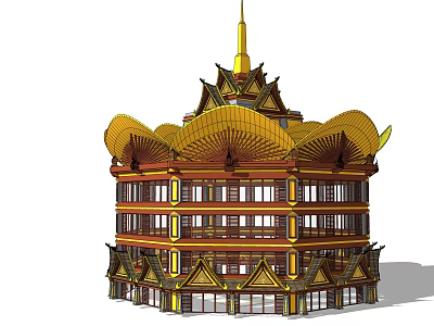 Traditional Style Commercial Complex Featuring Ornate Golden Roof And Multi story Structure 3d model
