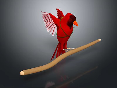 Red Cardinal Bird with Spread Wings Perched on Long Wooden Branch 3d model