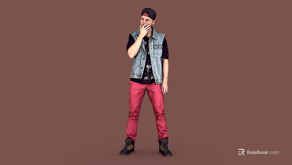 Man Wearing Black Cap Denim Vest And Red Pants On Brown Background 3d model 