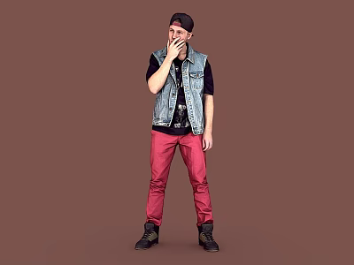 Man Wearing Black Cap Denim Vest And Red Pants On Brown Background 3d model