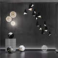 Modern Interior With Stylish Pendant Lights Gray Walls And Decorative Spheres
