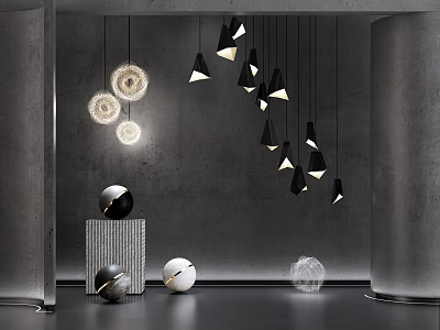 Modern Interior With Stylish Pendant Lights Gray Walls And Decorative Spheres 3d model