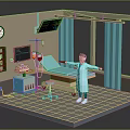 Cartoon Medical Room Scene With Doctor Hospital Bed Medical Equipment Wall Clock And Blue Curtains