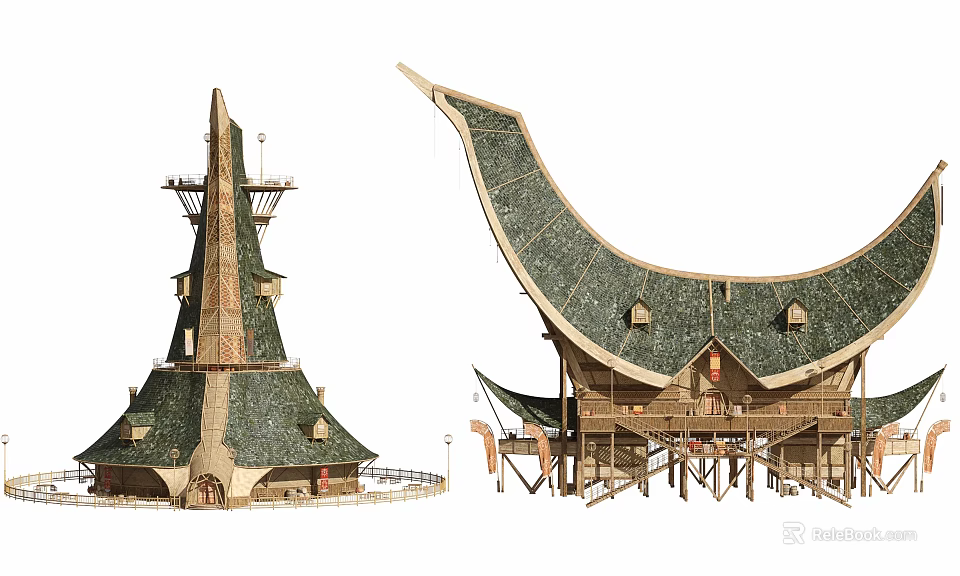 European Architecture With Spire Tower And Curved Green Tile Roof Structure 3d model 