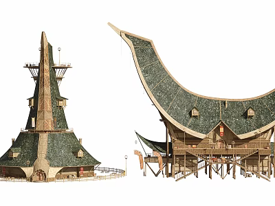 European Architecture With Spire Tower And Curved Green Tile Roof Structure 3d model