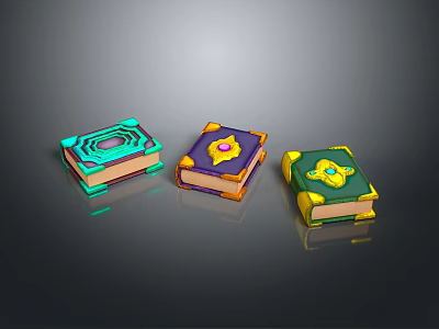 Three Colorful Decorative Books With Gemstone Accents And Ornamental Borders 3d model
