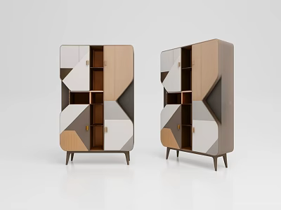 Two Modern Geometric Sideboards With Wooden White Gray Panels And Tapered Legs 3d model