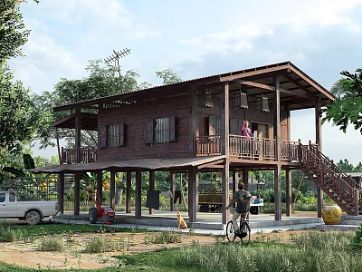 Wooden Two Story Guesthouse Building With Balcony And Lush Green Surroundings 3d model