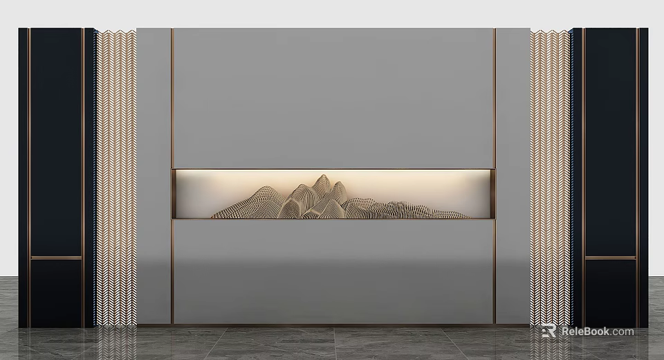 Modern Gray Sofa Backdrop Wall With Built in Lighting Mountain Pattern And Vertical Stripes 3d model 