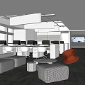Modern Public Office Interior With Open Workstations Computers Gray Sofa And Red Chairs 3d model