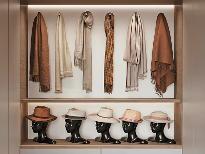 Various Style Hats Displayed On Black Mannequin Heads With Scarves On Shelf 3d model
