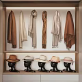 Various Style Hats Displayed On Black Mannequin Heads With Scarves On Shelf