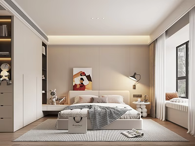 Modern Bedroom Interior Design With Light Walls Bedside Painting Table Lamp Wardrobe And Rug 3d model