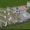 Modern School Campus Buildings Featuring Green Roofs Stadium And Trees