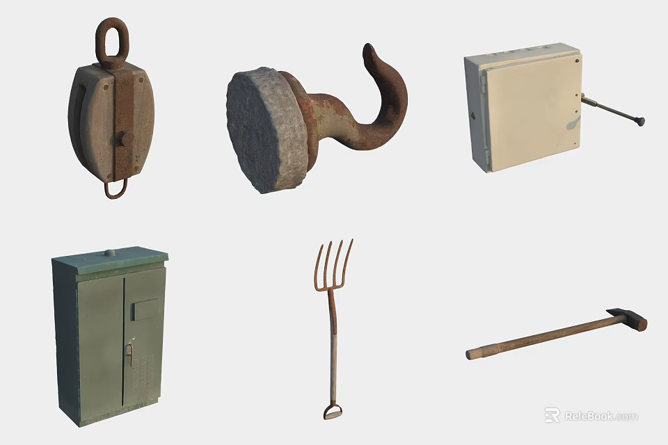 Essential Hardware Tools Collection Including Pulley Hook Electrical Cabinet Fork and Crowbar 3d model