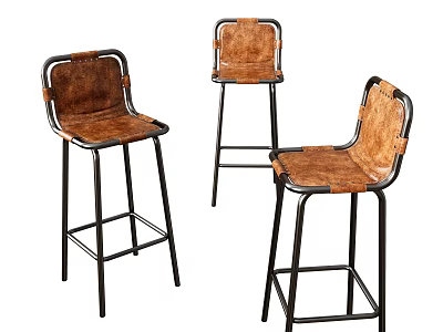 Industrial Leather Bar Stools With Black Metal Frame And Curved Backrest Design 3d model