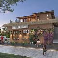 Warm Rustic Chinese Storefront Landscape Design With Soft Night Lighting And Lush Green Plant Decorations