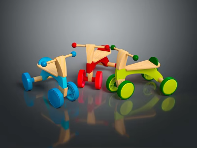 Colorful Kids Wooden Balance Bikes Blue Red Green with Wheels and Handles 3d model