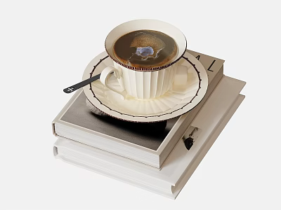 White Ceramic Cup And Saucer With Coffee Placed On Stack Of Books And Small Spoon 3d model