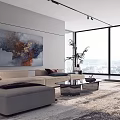 Modern Bright Living Room Interior Design With Panoramic Window And Cozy Sectional Sofa