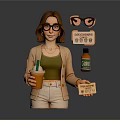 Fashionable Figure Wearing Glasses Holding Drink Cup Social Media Sign Vitamin Bottle And Card