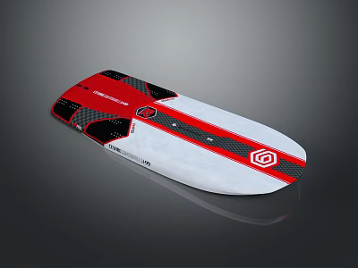 Red And White Striped Wakeboard With Carbon Fiber Texture And Logo Design 3d model