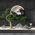 Miniature Garden Decor With Pine Tree Rocks Stone Lantern White Pebbles And Circular Mountain Backdrop 3d model