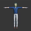 3D Character Model With Blue Shirt White Striped Pants Brown Shoes And Arms Outstretched Pose