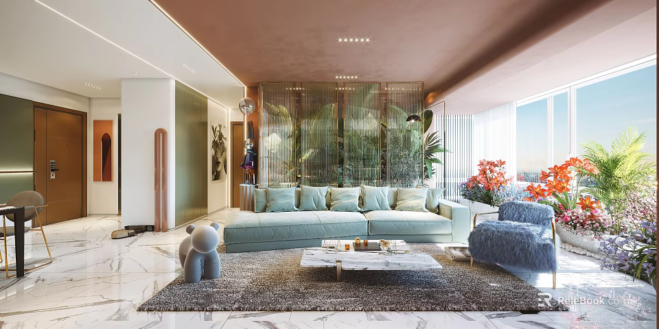 Elegant Modern Living and Dining Room Interior With Light Blue Sofa And Marble Coffee Table 3d model 