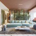 Elegant Modern Living and Dining Room Interior With Light Blue Sofa And Marble Coffee Table