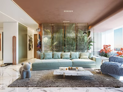 Elegant Modern Living and Dining Room Interior With Light Blue Sofa And Marble Coffee Table 3d model