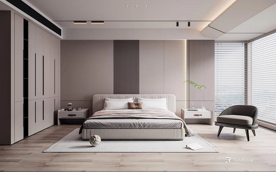 Modern Bedroom Interior Design With Bed Nightstands Blinds Accent Chair And Green Plant 3d model 