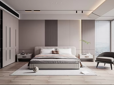 Modern Bedroom Interior Design With Bed Nightstands Blinds Accent Chair And Green Plant 3d model