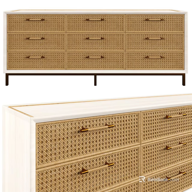 Modern Entryway Cabinet and Sideboard With Rattan Drawers Metal Legs and White Top 3d model 