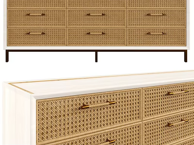 Modern Entryway Cabinet and Sideboard With Rattan Drawers Metal Legs and White Top 3d model