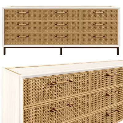 Modern Entryway Cabinet and Sideboard With Rattan Drawers Metal Legs and White Top 3d model