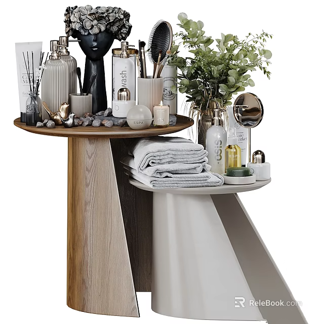 Daily Washing Products Display On Wooden Round Table With Perfume Bottles Towels Candles And Plants 3d model 
