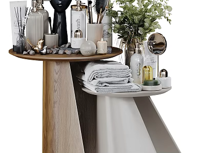 Daily Washing Products Display On Wooden Round Table With Perfume Bottles Towels Candles And Plants 3d model