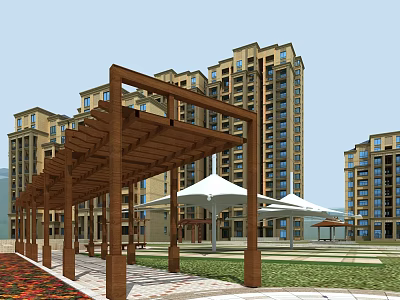Wooden Pergola In Residential Area With High Rise Buildings Green Lawn And White Umbrellas 3d model