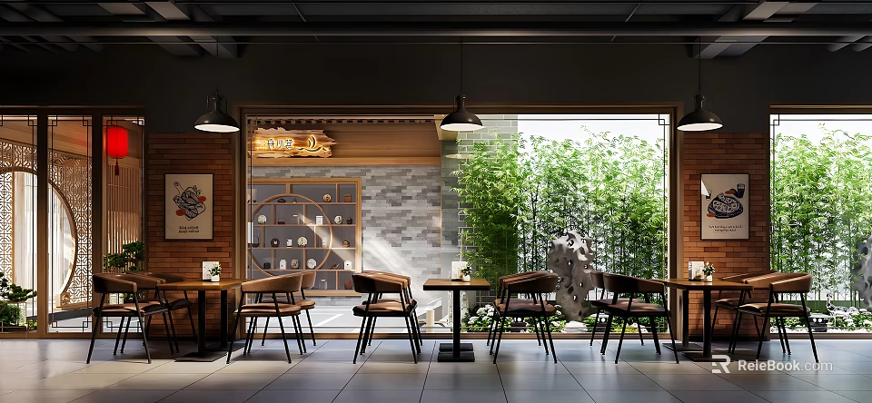 Bright Restaurant Interior Design With Wooden Tables Chairs Large Windows Green Plants And Wall Decor 3d model 