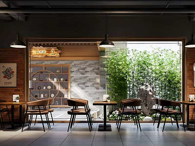 Bright Restaurant Interior Design With Wooden Tables Chairs Large Windows Green Plants And Wall Decor 3d model