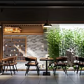 Bright Restaurant Interior Design With Wooden Tables Chairs Large Windows Green Plants And Wall Decor