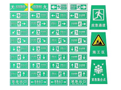 Traffic Signs With Evacuation Direction Emergency Passage Safety Exit Assembly Point And Construction Area 3d model
