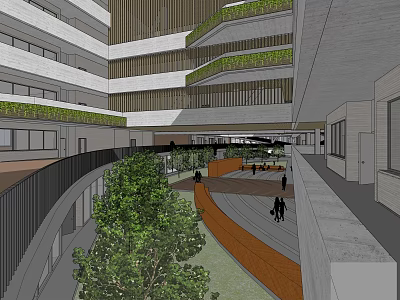 Modern School Building Featuring Multi Level Structure Green Courtyard And Walking Pedestrians 3d model