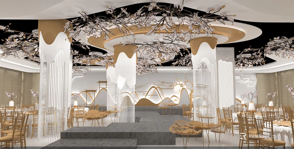 Modern Luxury Banquet Hall With Golden Branch Decorations White Columns And Stage 3d model 