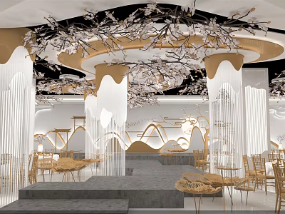 Modern Luxury Banquet Hall With Golden Branch Decorations White Columns And Stage 3d model