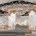 Modern Luxury Banquet Hall With Golden Branch Decorations White Columns And Stage